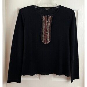 MELANI Italy -Black Fringed Henley Lettuce Hem Wool Blend Long Sleeve Knit Top 8